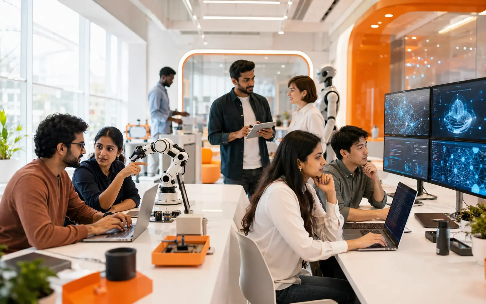 AI, cybersecurity and software professionals collaborating in a modern technology studio