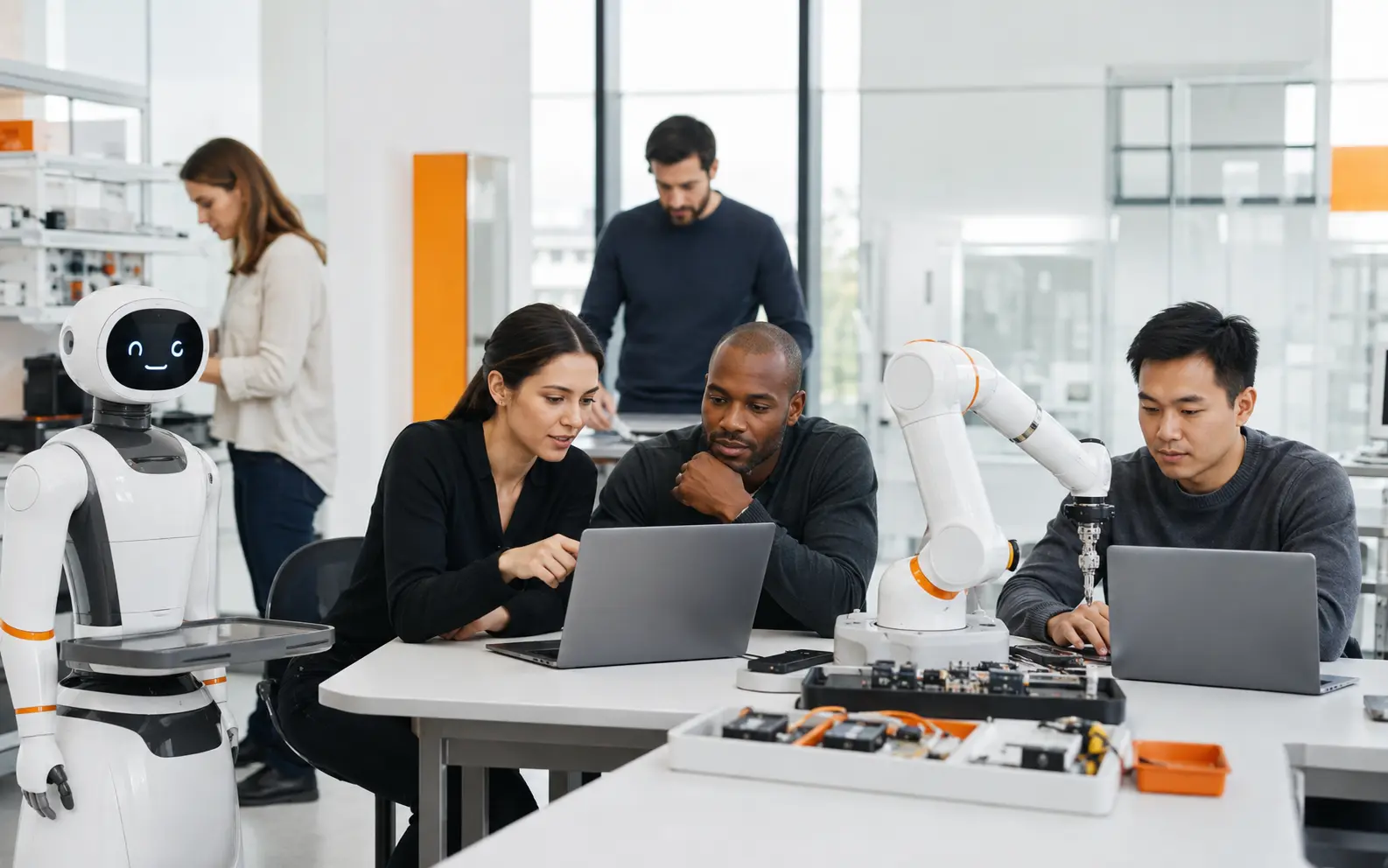 Learners collaborating with robotics and AI technology in a modern training lab